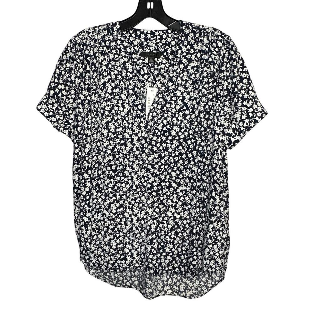 J. Crew Navy White Ditzy Floral Popover Cuff Short Sleeve Blouse Top Size XS New